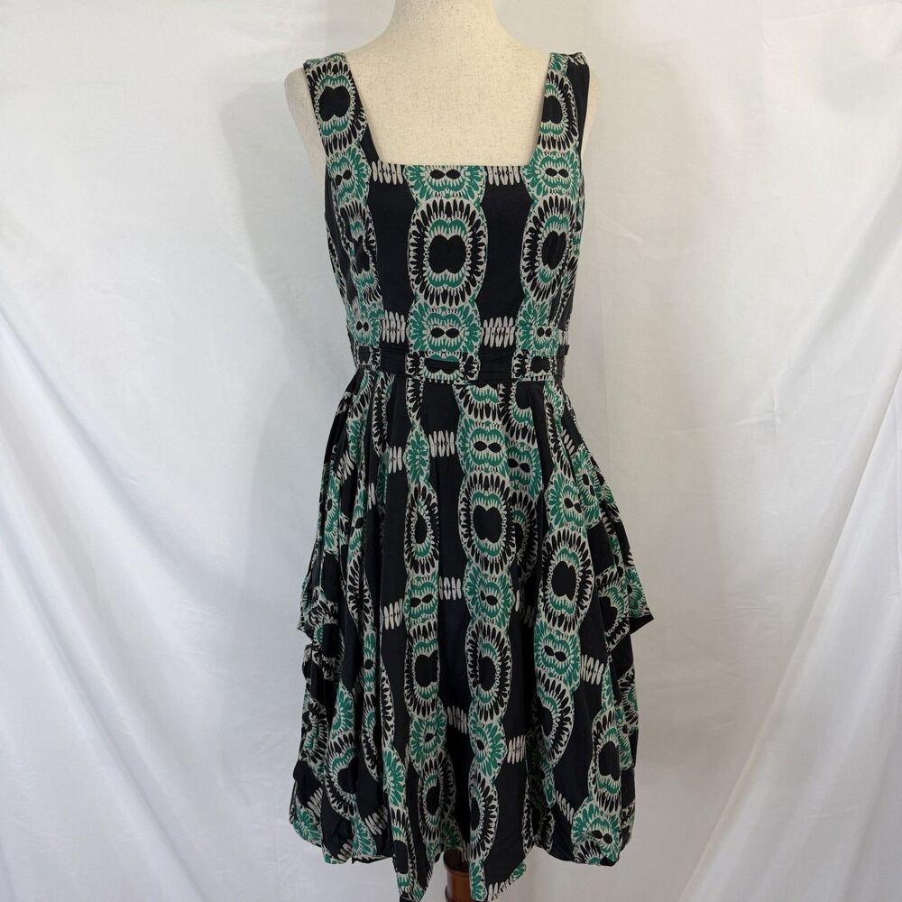 Anthropologie Leifsdottir Green Black Abstract print Silk Dress w/pockets 4